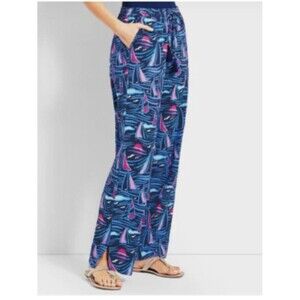 TALBOTS Size X-Small Blue Pull-On Pants Teal Pink Sailboats Coastal Cotton
